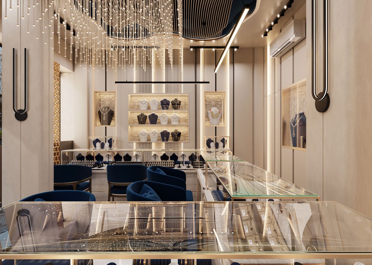 Elegant and sophisticated jewelry store with modern design and ambient lighting.